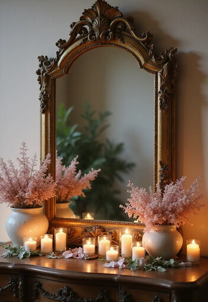25 Mirror Decor Ideas with Candles and Greenery for Cozy Corners 20 25 Mirror Decor Ideas with Candles and Greenery for Cozy Corners - 20. Antique Style Mirror with Floral Arrangements