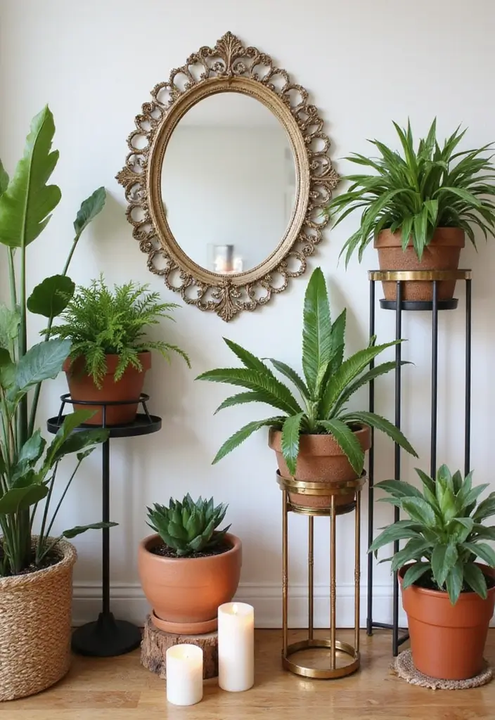 25 Mirror Decor Ideas with Candles and Greenery for Cozy Corners 21 25 Mirror Decor Ideas with Candles and Greenery for Cozy Corners - 21. Decorative Mirror with Plant Stands