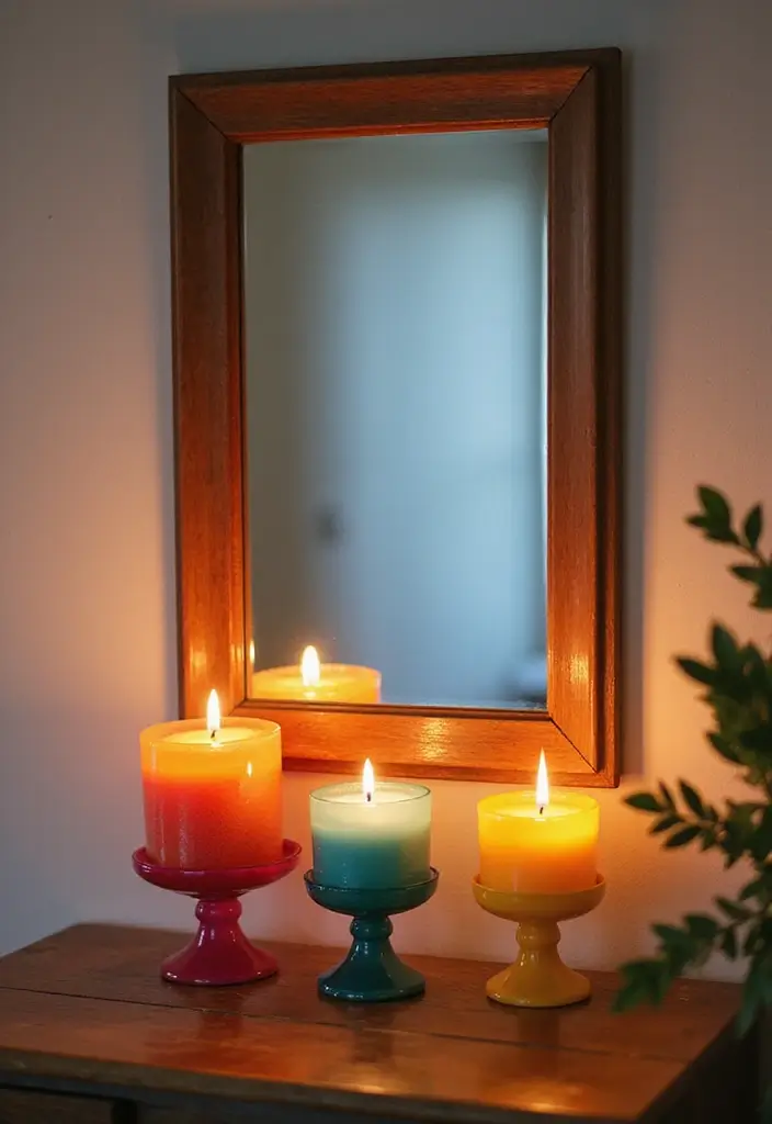 25 Mirror Decor Ideas with Candles and Greenery for Cozy Corners 22 25 Mirror Decor Ideas with Candles and Greenery for Cozy Corners - 22. Large Mirror with Colorful Candle Holders