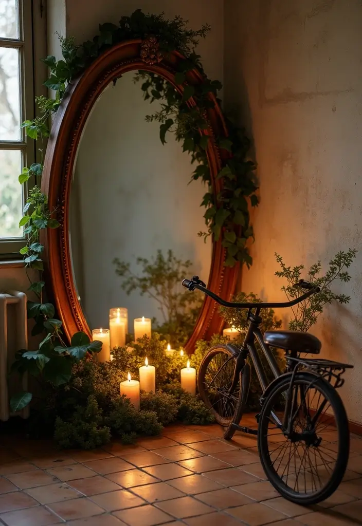 25 Mirror Decor Ideas with Candles and Greenery for Cozy Corners 24 25 Mirror Decor Ideas with Candles and Greenery for Cozy Corners - 24. Large Oval Mirror with Vintage Trike