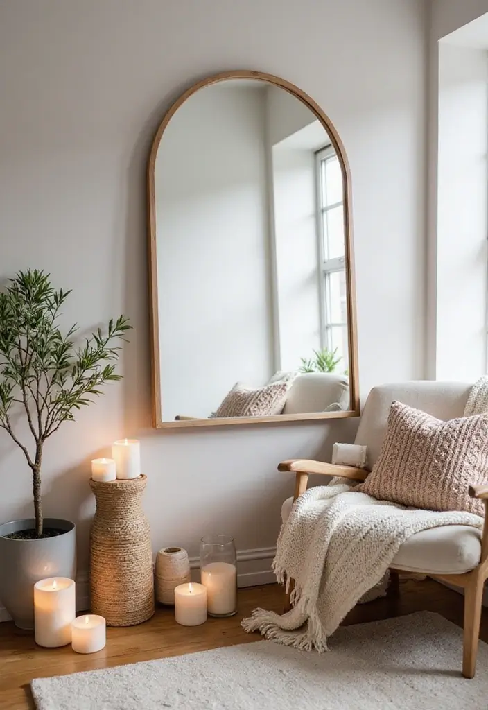 25 Mirror Decor Ideas with Candles and Greenery for Cozy Corners 25 25 Mirror Decor Ideas with Candles and Greenery for Cozy Corners - 25. Large Wall Mirror with Cozy Textiles