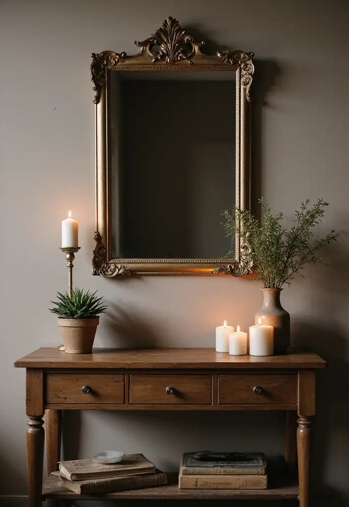 25 Mirror Decor Ideas with Candles and Greenery for Cozy Corners 3 25 Mirror Decor Ideas with Candles and Greenery for Cozy Corners - 3. Vintage Style Mirror with Pillar Candles