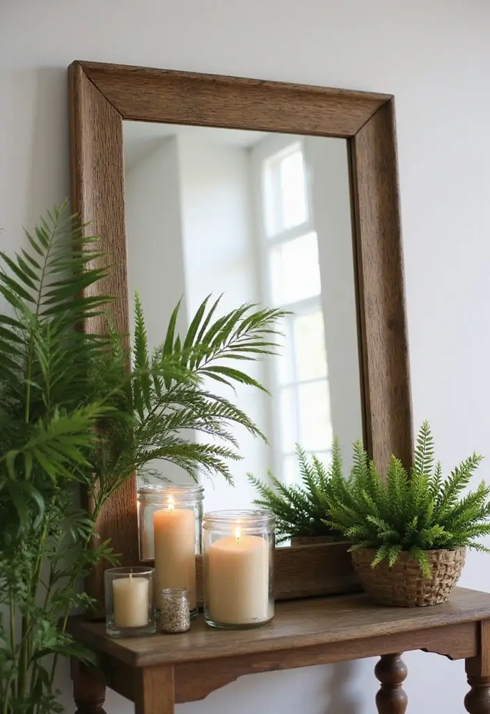 25 Mirror Decor Ideas with Candles and Greenery for Cozy Corners 4 25 Mirror Decor Ideas with Candles and Greenery for Cozy Corners - 4. Farmhouse Framed Mirror with Ferns and Candles