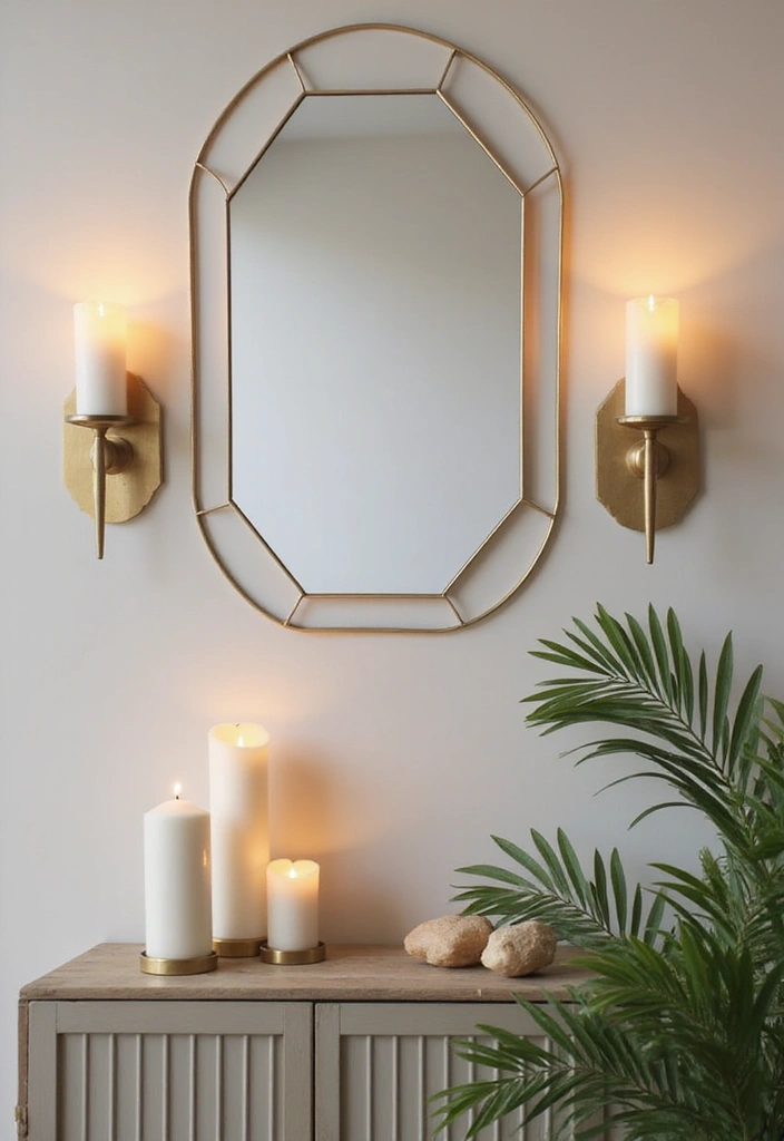 25 Mirror Decor Ideas with Candles and Greenery for Cozy Corners 5 25 Mirror Decor Ideas with Candles and Greenery for Cozy Corners - 5. Geometric Mirror with Candle Wall Sconces