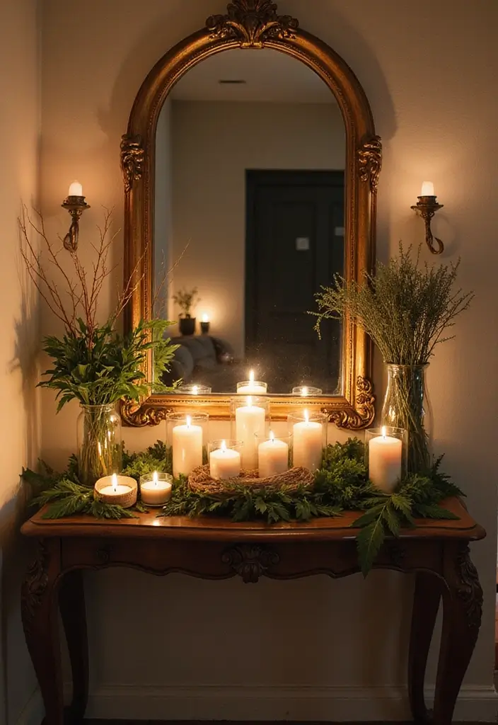 25 Mirror Decor Ideas with Candles and Greenery for Cozy Corners 6 25 Mirror Decor Ideas with Candles and Greenery for Cozy Corners - 6. Arched Mirror with Table Centerpiece