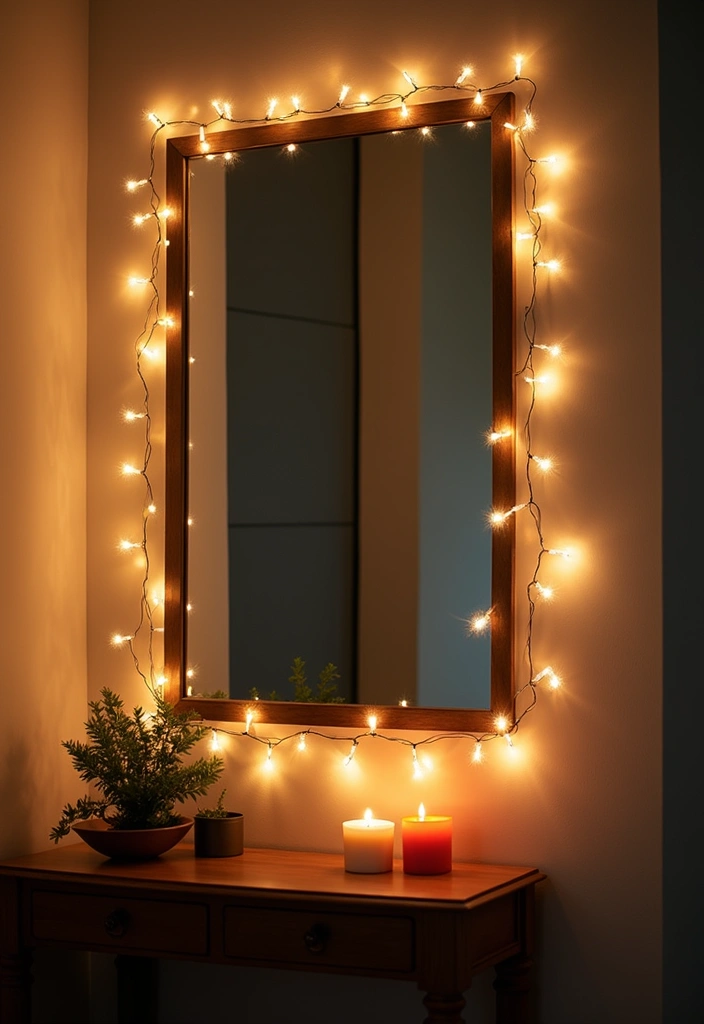 25 Mirror Decor Ideas with Candles and Greenery for Cozy Corners 7 25 Mirror Decor Ideas with Candles and Greenery for Cozy Corners - 7. Large Square Mirror with Fairy Lights