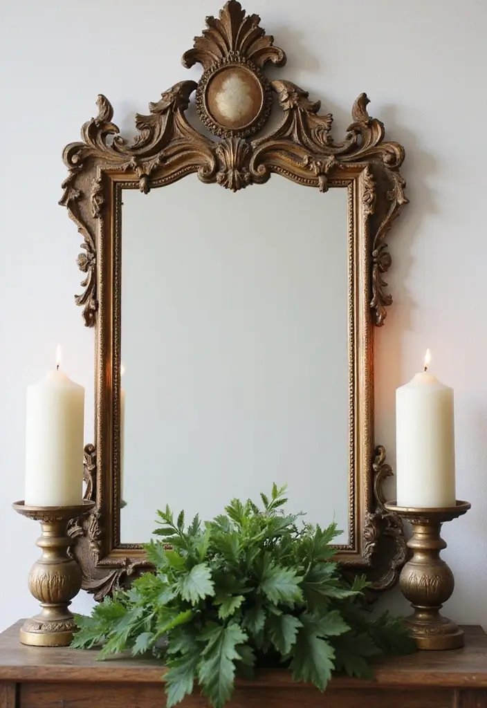 25 Mirror Decor Ideas with Candles and Greenery for Cozy Corners 8 25 Mirror Decor Ideas with Candles and Greenery for Cozy Corners - 8. Ornate Mirror with Vintage Candle Holders