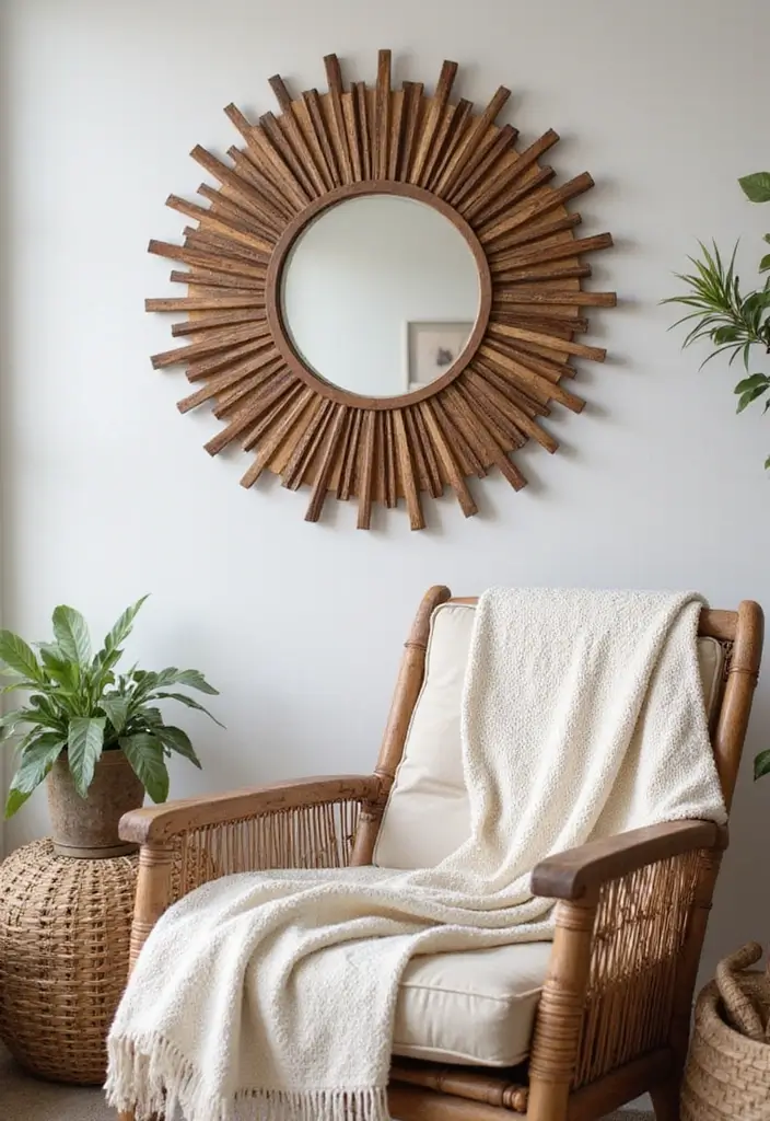 25 Mirror Wall Decor Ideas for Apartments and Small Spaces 2 25 Mirror Wall Decor Ideas for Apartments and Small Spaces - 2. Rustic Wood Sunburst