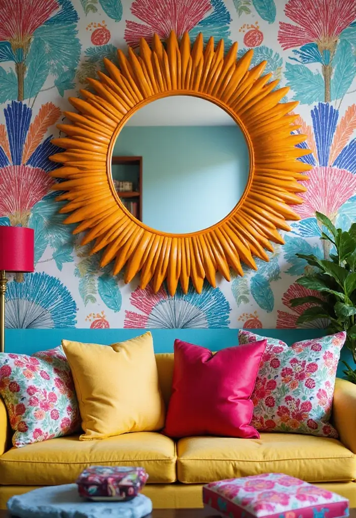 25 Mirror Wall Decor Ideas for Apartments and Small Spaces 3 25 Mirror Wall Decor Ideas for Apartments and Small Spaces - 3. Colorful Retro Flair