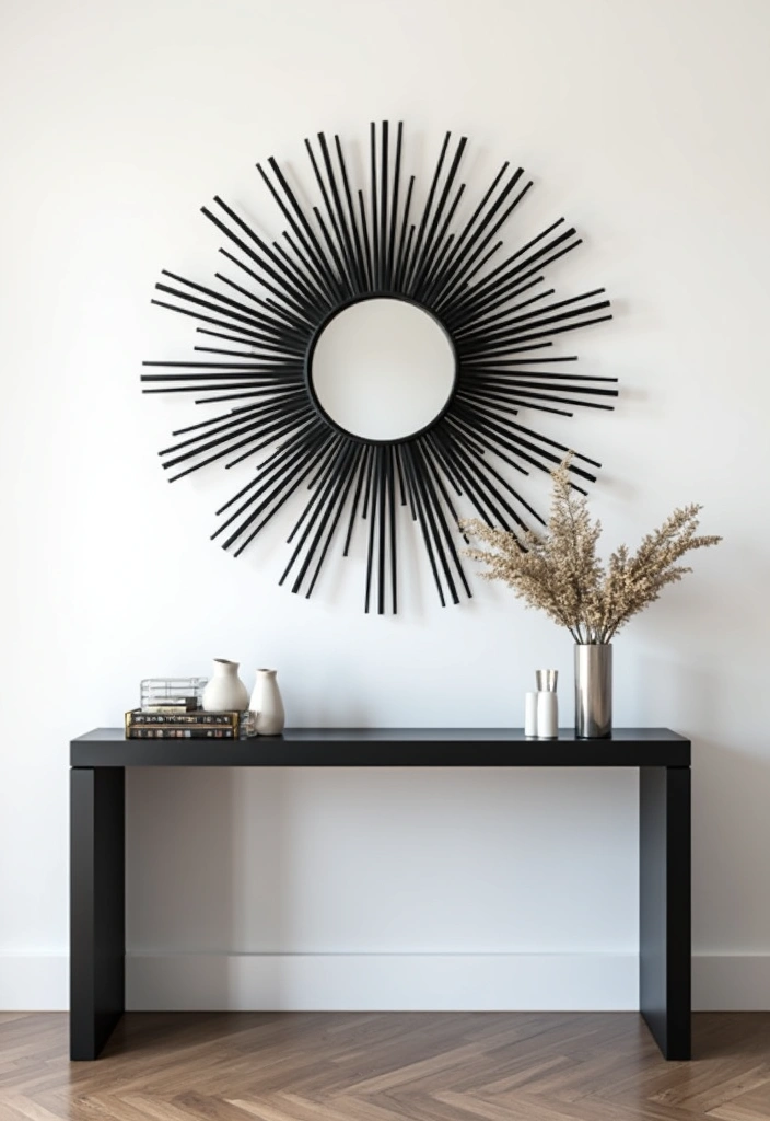 25 Mirror Wall Decor Ideas for Apartments and Small Spaces 4 25 Mirror Wall Decor Ideas for Apartments and Small Spaces - 4. Minimalist Black Sunburst