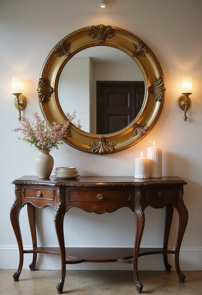 25 Vintage Gold Mirror Decor Ideas That Bring Timeless Elegance Home 1 25 Vintage Gold Mirror Decor Ideas That Bring Timeless Elegance Home - 1. Grand Entrance with a Statement Round Mirror