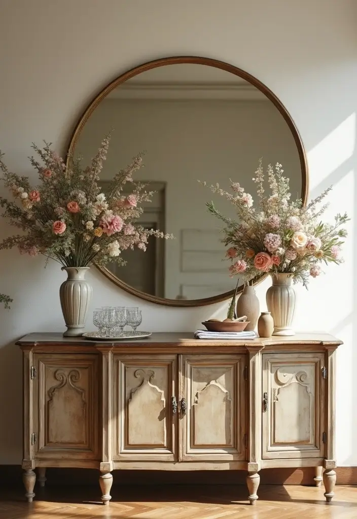 25 Vintage Gold Mirror Decor Ideas That Bring Timeless Elegance Home 6 25 Vintage Gold Mirror Decor Ideas That Bring Timeless Elegance Home - 6. Incorporating Mirrors into a Buffet Setup