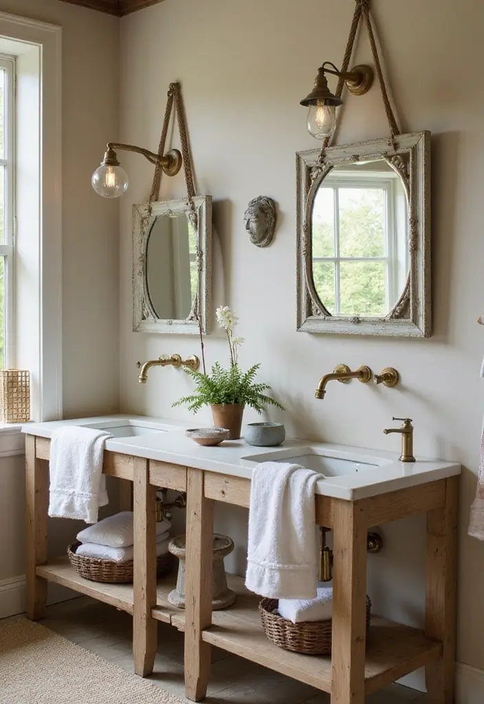26 Round Mirror Bathroom Decor Ideas That Blend Function and Beauty 14 26 Round Mirror Bathroom Decor Ideas That Blend Function and Beauty - 14. Vintage Chic with Distressed Finishes