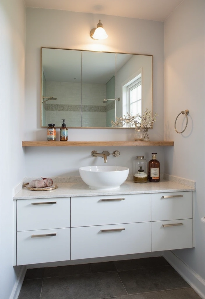 26 Round Mirror Bathroom Decor Ideas That Blend Function and Beauty 15 26 Round Mirror Bathroom Decor Ideas That Blend Function and Beauty - 15. Floating Mirror Shelf for Utility and Style
