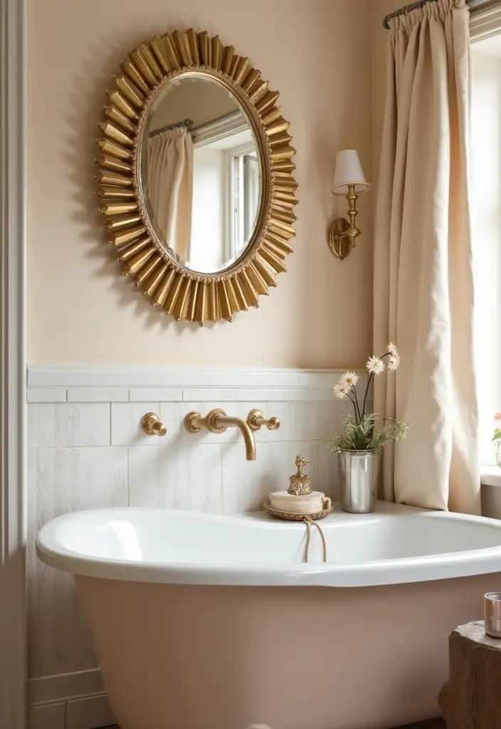 26 Round Mirror Bathroom Decor Ideas That Blend Function and Beauty 16 26 Round Mirror Bathroom Decor Ideas That Blend Function and Beauty - 16. Sunburst Mirrors for a Retro Touch
