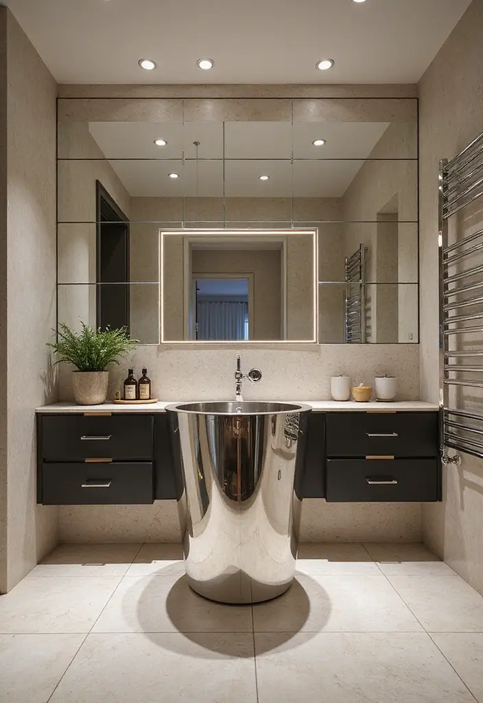 26 Round Mirror Bathroom Decor Ideas That Blend Function and Beauty 23 26 Round Mirror Bathroom Decor Ideas That Blend Function and Beauty - 23. Mirrored Pedestal Sink for a Unique Feature