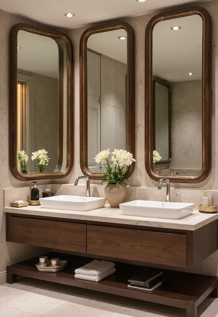 26 Round Mirror Bathroom Decor Ideas That Blend Function and Beauty 25 26 Round Mirror Bathroom Decor Ideas That Blend Function and Beauty - 25. Artistic Mirror Frames as Decor