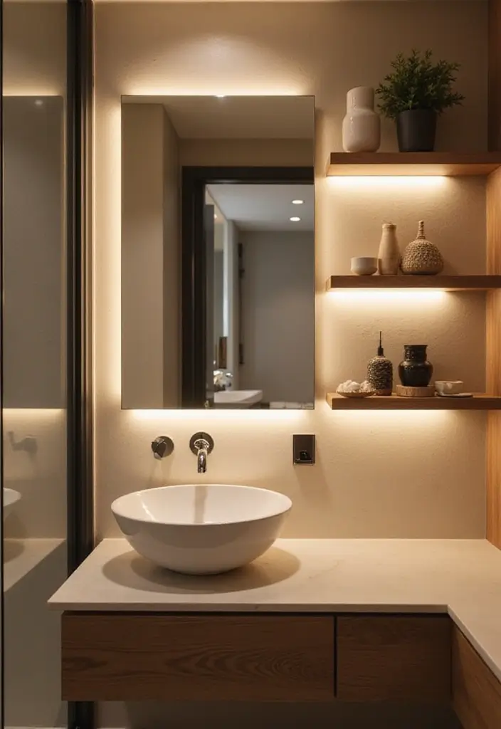 26 Round Mirror Bathroom Decor Ideas That Blend Function and Beauty 4 26 Round Mirror Bathroom Decor Ideas That Blend Function and Beauty - 4. Floating Shelf and Mirror Duo