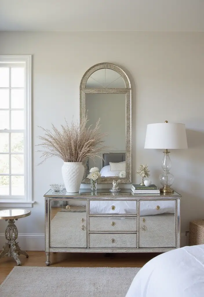 26 Small Mirror Wall Decor Ideas to Add Light and Depth to Your Bedroom - 15. Mirrored Furniture Touches
