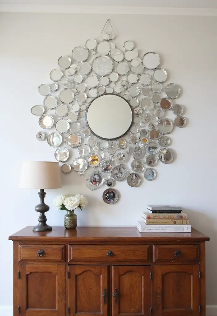 26 Small Mirror Wall Decor Ideas to Add Light and Depth to Your Bedroom - 16. Reflective Wall Art