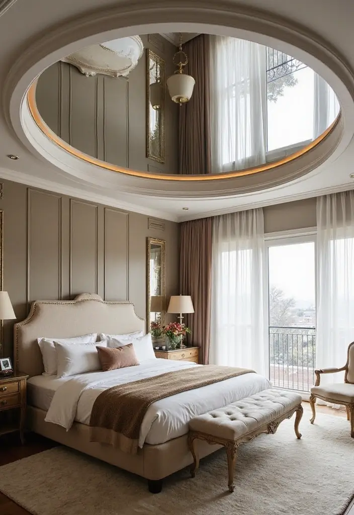26 Small Mirror Wall Decor Ideas to Add Light and Depth to Your Bedroom - 17. Mirrored Ceiling Decor