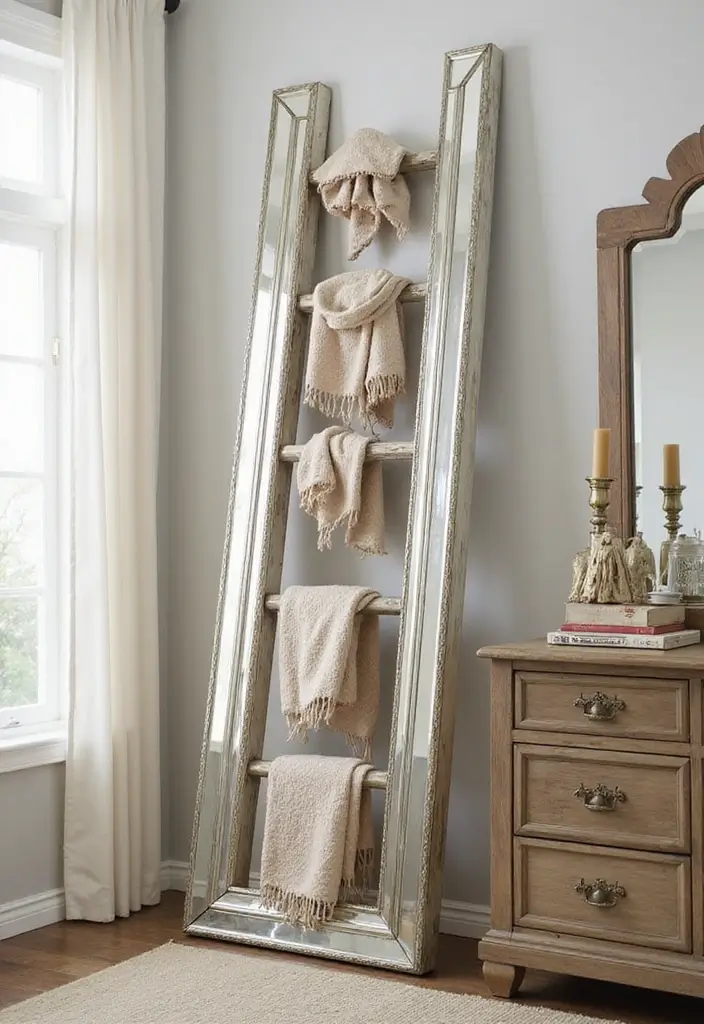 26 Small Mirror Wall Decor Ideas to Add Light and Depth to Your Bedroom - 18. Mirrored Ladders for Unique Storage