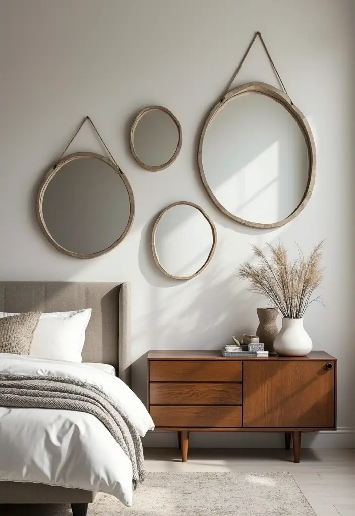 26 Small Mirror Wall Decor Ideas to Add Light and Depth to Your Bedroom - 20. Hanging Mirrors for a Unique Touch