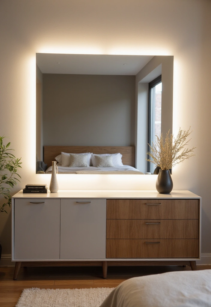 26 Small Mirror Wall Decor Ideas to Add Light and Depth to Your Bedroom - 22. Edge-lit Mirrors for a Modern Flair