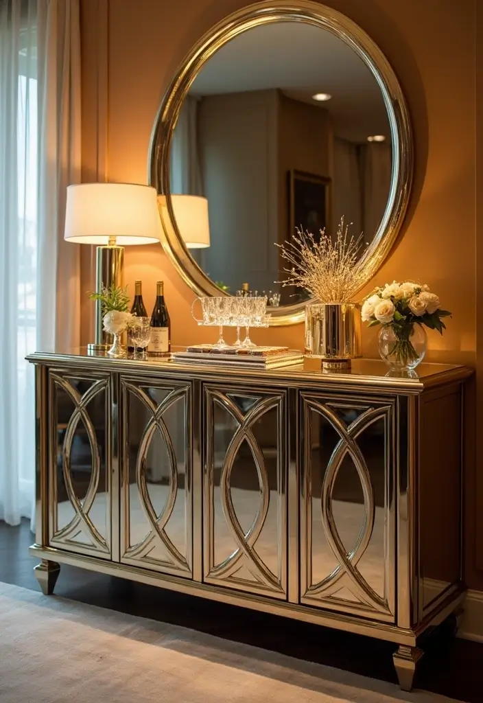 26 Small Mirror Wall Decor Ideas to Add Light and Depth to Your Bedroom - 3. Mirrored Buffet Table for Glam Vibes