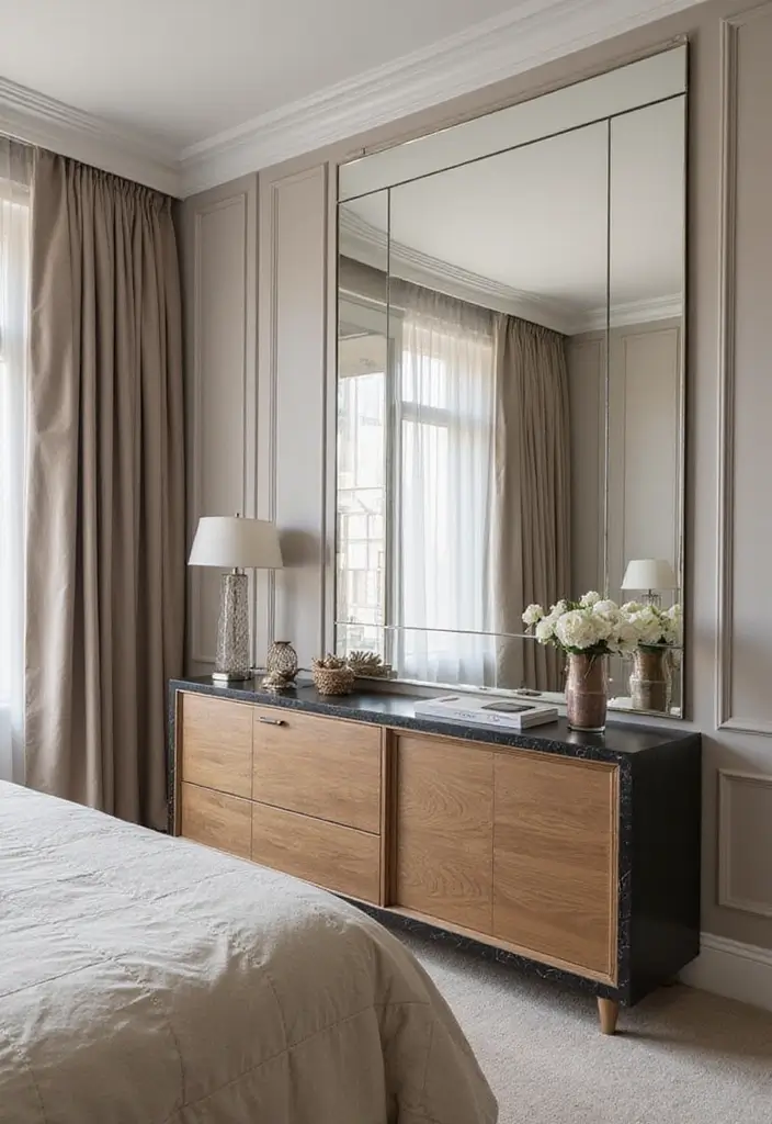26 Small Mirror Wall Decor Ideas to Add Light and Depth to Your Bedroom - 5. Mirrored Tiles for a Modern Twist