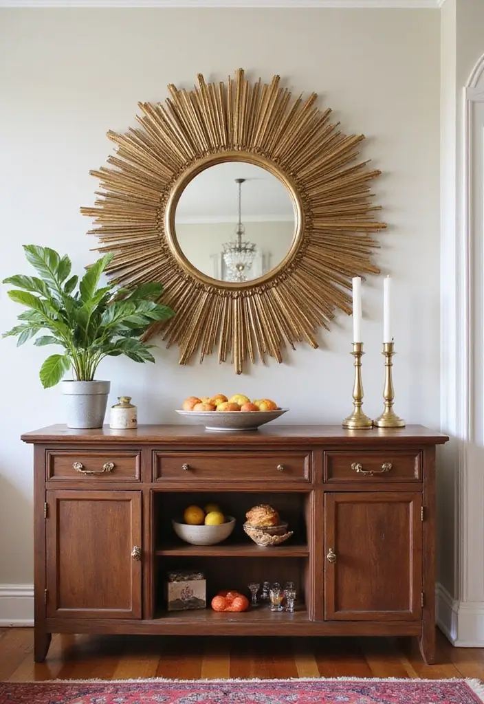 26 Small Mirror Wall Decor Ideas to Add Light and Depth to Your Bedroom - 9. Sunburst Mirrors for a Retro Touch