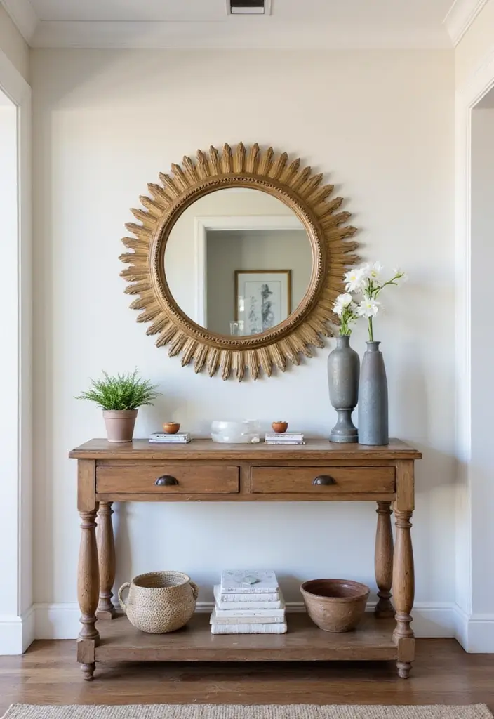 27 Chic Mirror Wall Decor Ideas Perfect for Any Hallway or Entryway 1 27 Chic Mirror Wall Decor Ideas Perfect for Any Hallway or Entryway - 1. Vintage Sunburst Mirror