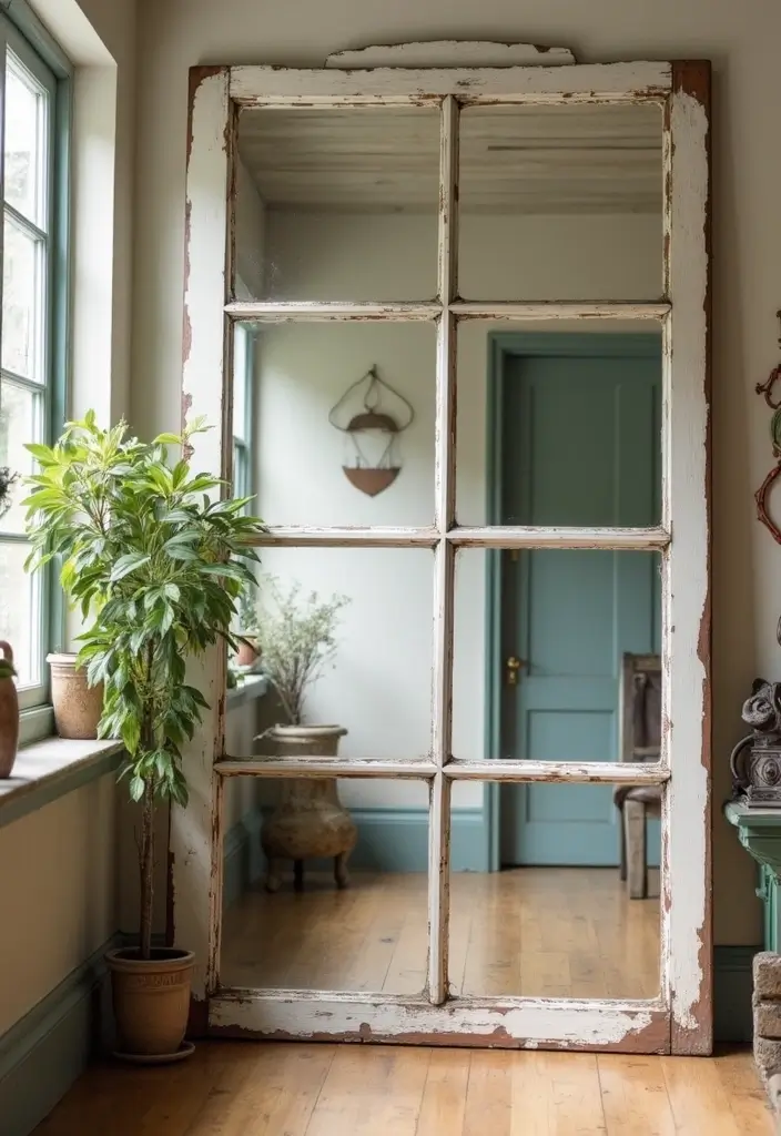 27 Chic Mirror Wall Decor Ideas Perfect for Any Hallway or Entryway 10 27 Chic Mirror Wall Decor Ideas Perfect for Any Hallway or Entryway - 10. Vintage Window Frame Mirror