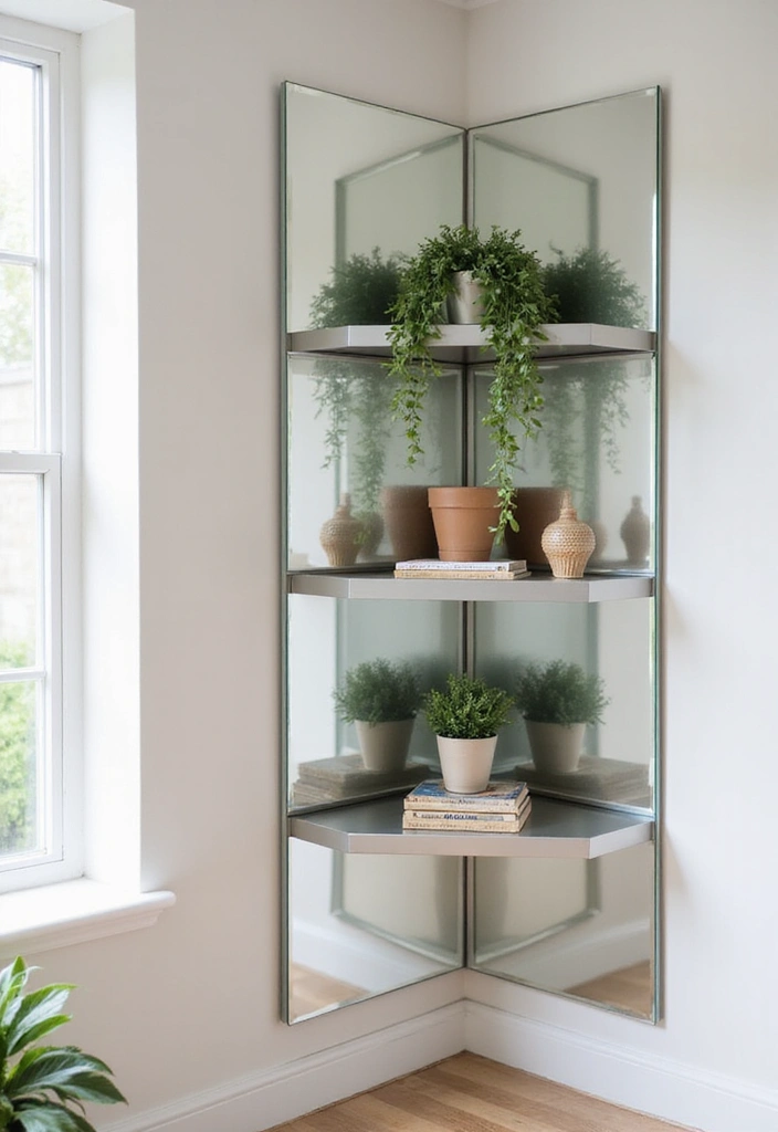 27 Chic Mirror Wall Decor Ideas Perfect for Any Hallway or Entryway 13 27 Chic Mirror Wall Decor Ideas Perfect for Any Hallway or Entryway - 13. Mirrored Corner Shelves