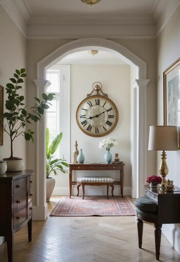 27 Chic Mirror Wall Decor Ideas Perfect for Any Hallway or Entryway 18 27 Chic Mirror Wall Decor Ideas Perfect for Any Hallway or Entryway - 18. Mirrored Wall Clock