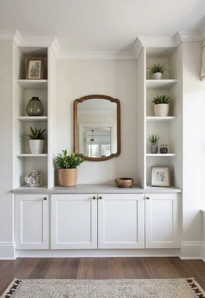 27 Chic Mirror Wall Decor Ideas Perfect for Any Hallway or Entryway 19 27 Chic Mirror Wall Decor Ideas Perfect for Any Hallway or Entryway - 19. Mirror with Built-in Shelving