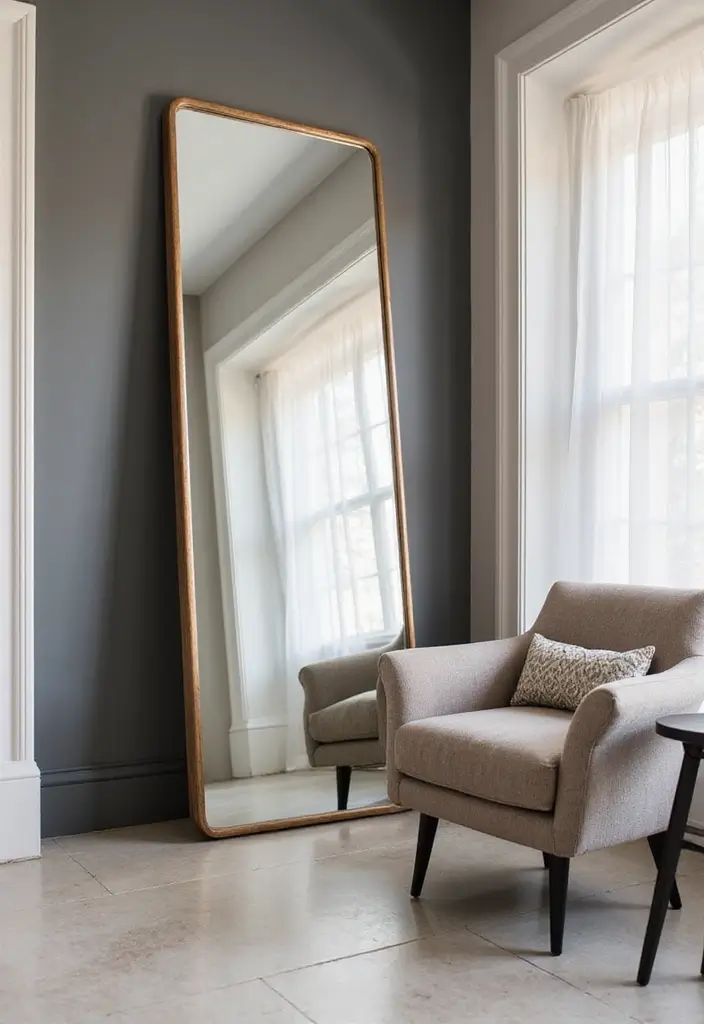 27 Chic Mirror Wall Decor Ideas Perfect for Any Hallway or Entryway 2 27 Chic Mirror Wall Decor Ideas Perfect for Any Hallway or Entryway - 2. Oversized Leaning Mirror