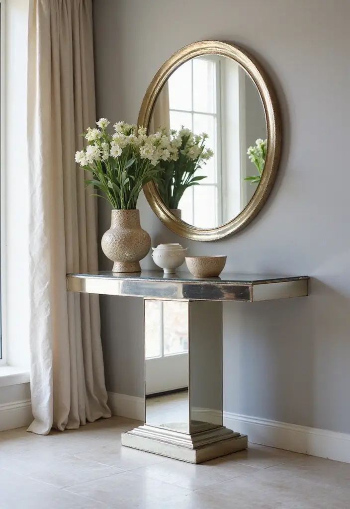 27 Chic Mirror Wall Decor Ideas Perfect for Any Hallway or Entryway 22 27 Chic Mirror Wall Decor Ideas Perfect for Any Hallway or Entryway - 22. Mirrored Pedestal Table