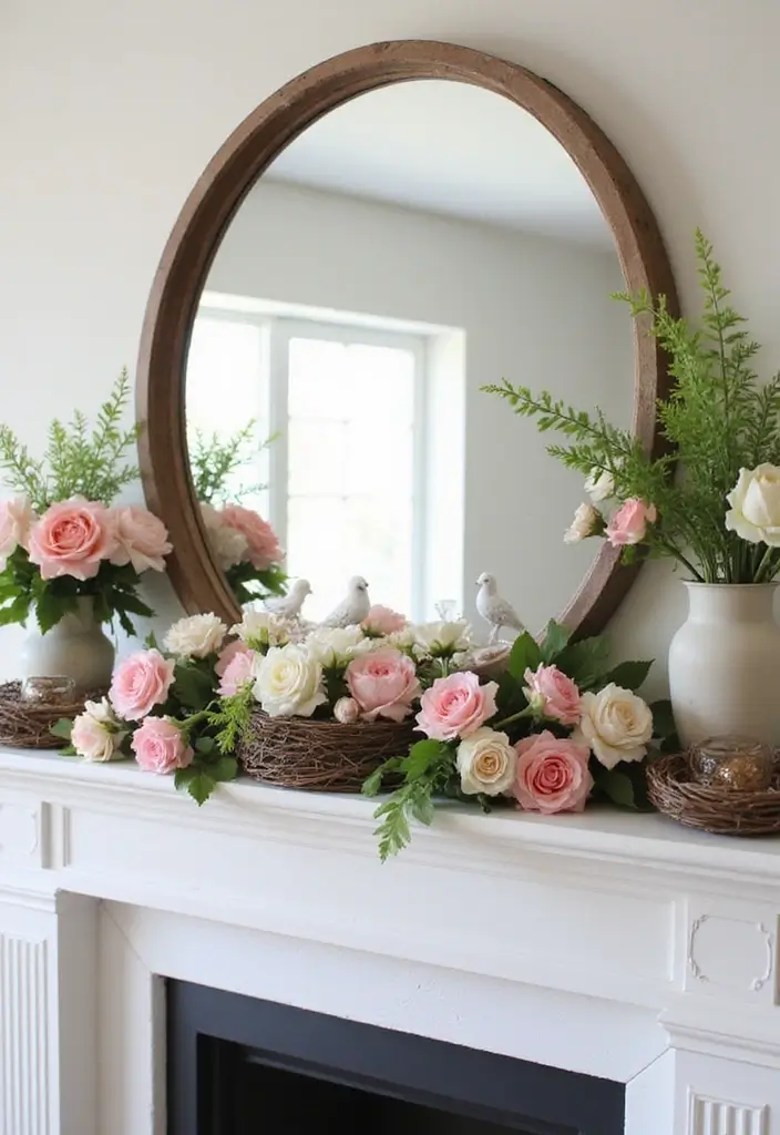 27 Mantel Decor with Mirror and Seasonal Themes for Year-Round Beauty 1 27 Mantel Decor with Mirror and Seasonal Themes for Year-Round Beauty - 1. Charming Spring Awakening