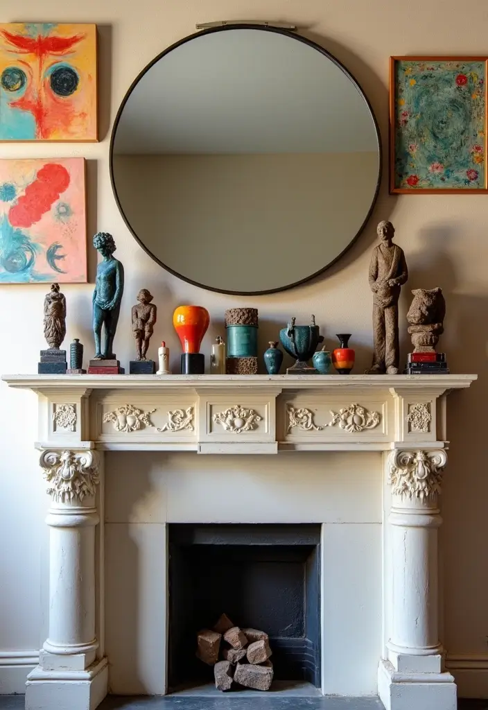 27 Mantel Decor with Mirror and Seasonal Themes for Year-Round Beauty 13 27 Mantel Decor with Mirror and Seasonal Themes for Year-Round Beauty - 13. Artistic Flair