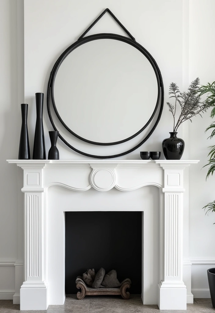 27 Mantel Decor with Mirror and Seasonal Themes for Year-Round Beauty 16 27 Mantel Decor with Mirror and Seasonal Themes for Year-Round Beauty - 16. Monochrome Magic