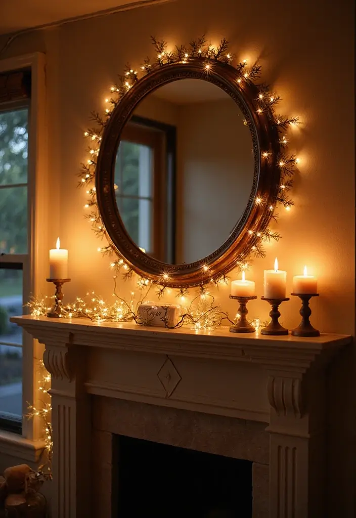 27 Mantel Decor with Mirror and Seasonal Themes for Year-Round Beauty 19 27 Mantel Decor with Mirror and Seasonal Themes for Year-Round Beauty - 19. Layered Lighting