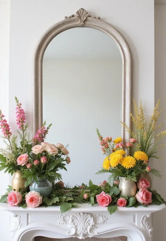 27 Mantel Decor with Mirror and Seasonal Themes for Year-Round Beauty 23 27 Mantel Decor with Mirror and Seasonal Themes for Year-Round Beauty - 23. Festive Florals