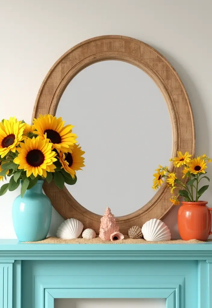 27 Mantel Decor with Mirror and Seasonal Themes for Year-Round Beauty 4 27 Mantel Decor with Mirror and Seasonal Themes for Year-Round Beauty - 4. Bright and Sunny Summer
