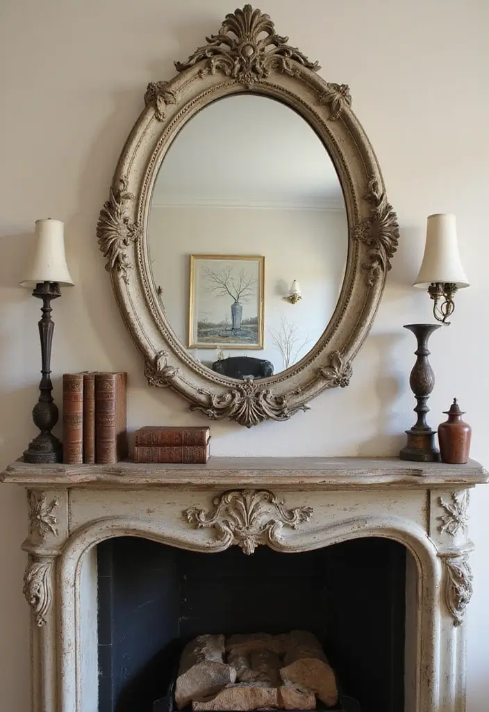 27 Mantel Decor with Mirror and Seasonal Themes for Year-Round Beauty 7 27 Mantel Decor with Mirror and Seasonal Themes for Year-Round Beauty - 7. Vintage Charm