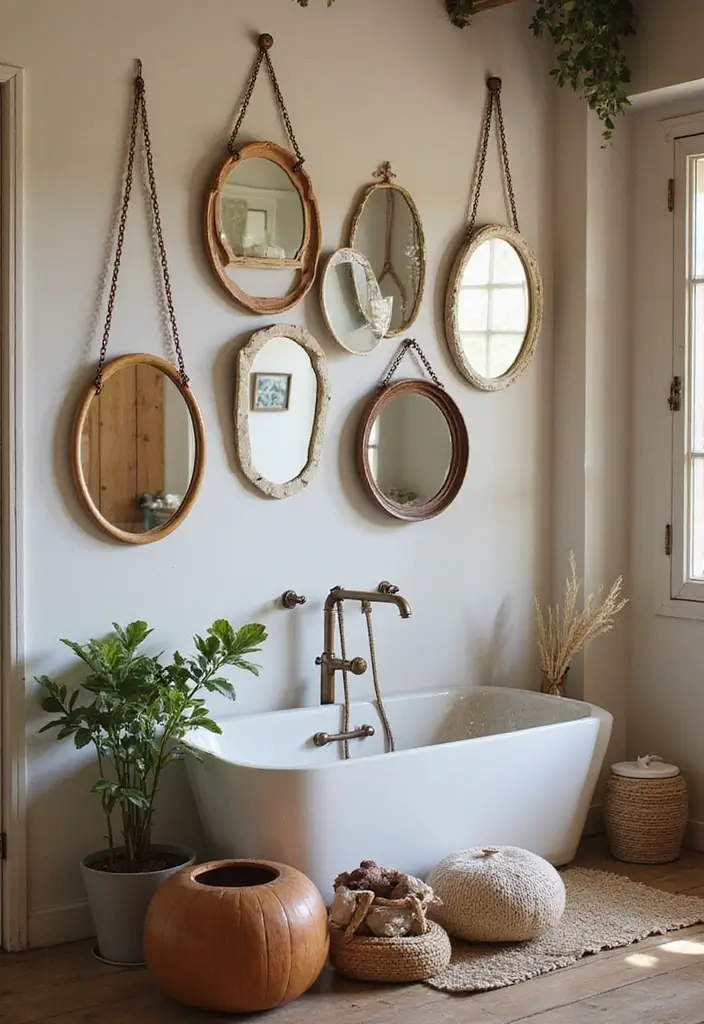 28 Creative Bathroom Mirror Decor Ideas to Upgrade Your Vanity Space - 10. Creative Use of Hanging Mirrors