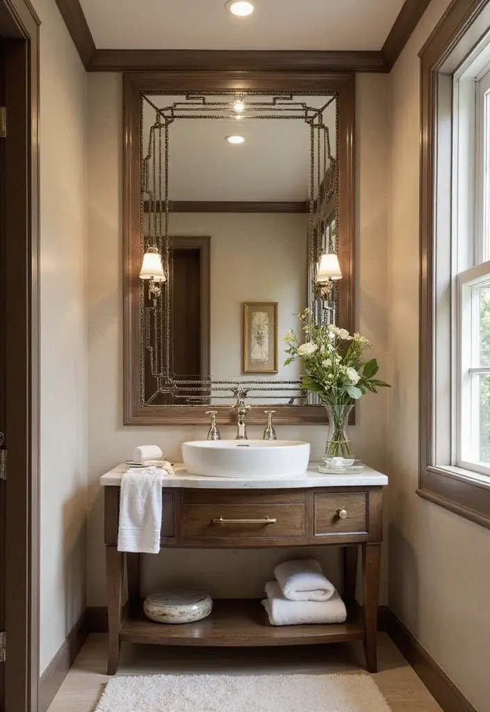 28 Creative Bathroom Mirror Decor Ideas to Upgrade Your Vanity Space - 17. Art Deco Mirrors for Glamour