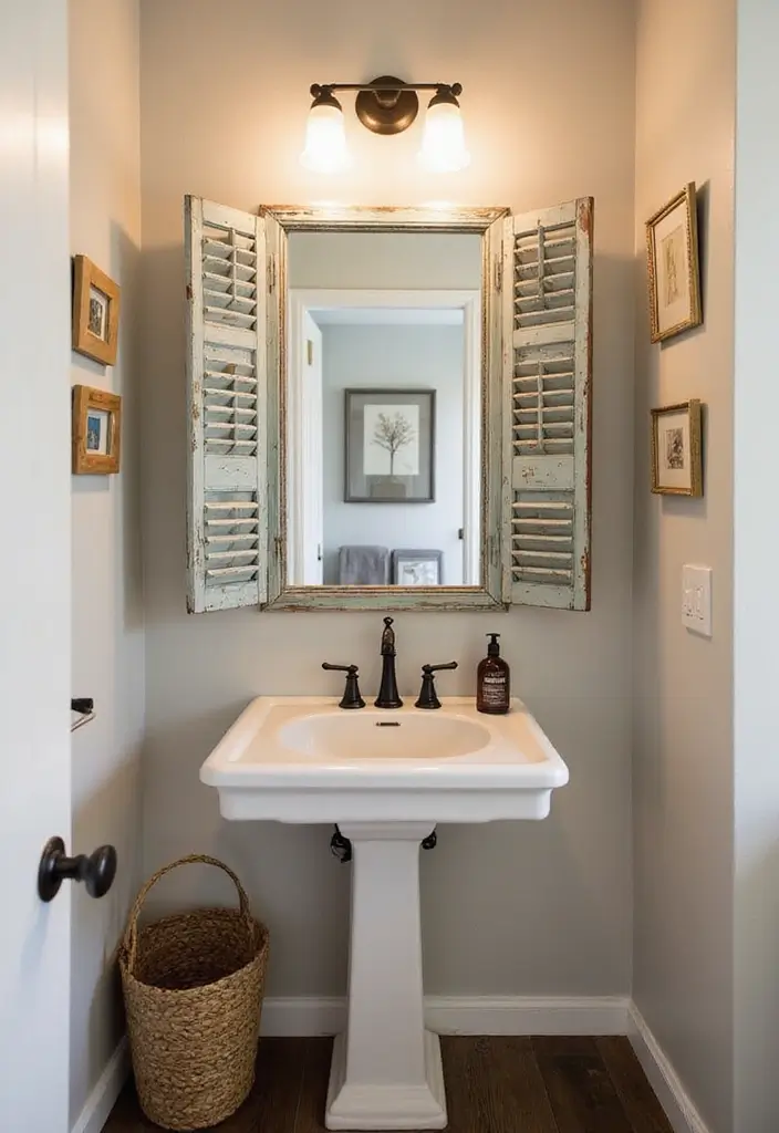 28 Creative Bathroom Mirror Decor Ideas to Upgrade Your Vanity Space - 26. Vintage Shutters as Mirror Frames
