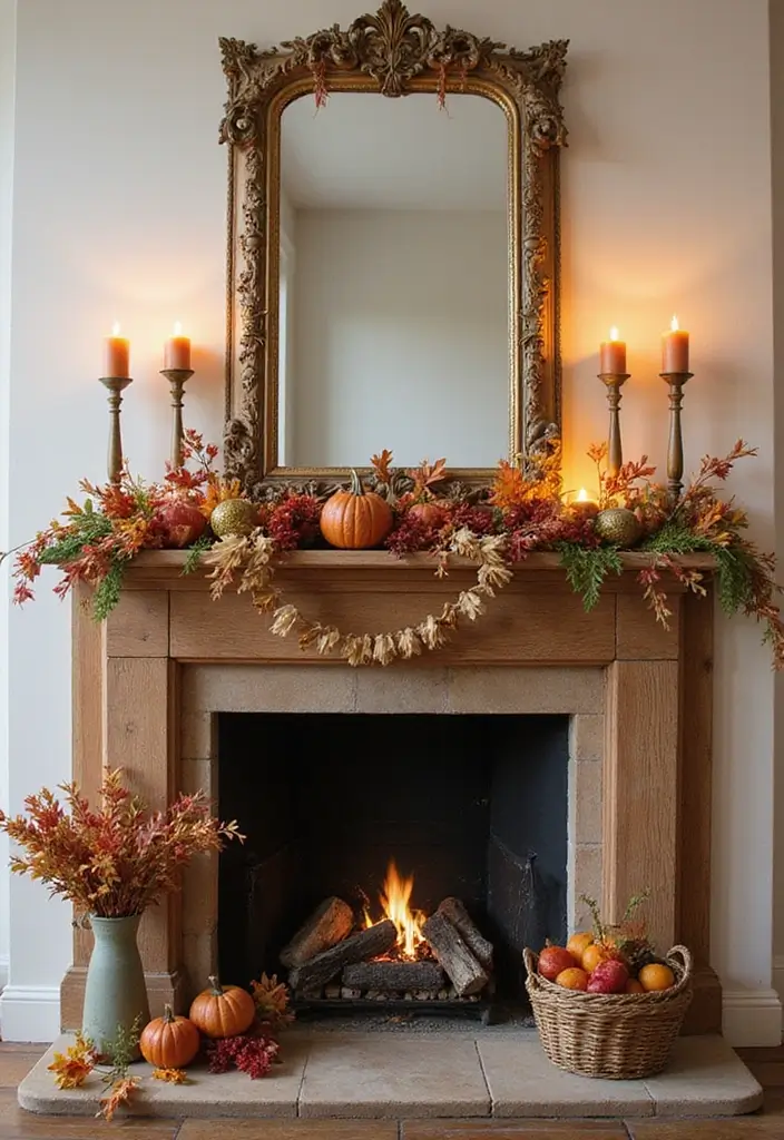 28 Creative Fireplace Mantle Decor with Mirror and Candles for Cozy Living Spaces 10 28 Creative Fireplace Mantle Decor with Mirror and Candles for Cozy Living Spaces - 10. Seasonal Decor with Mirrors and Candles