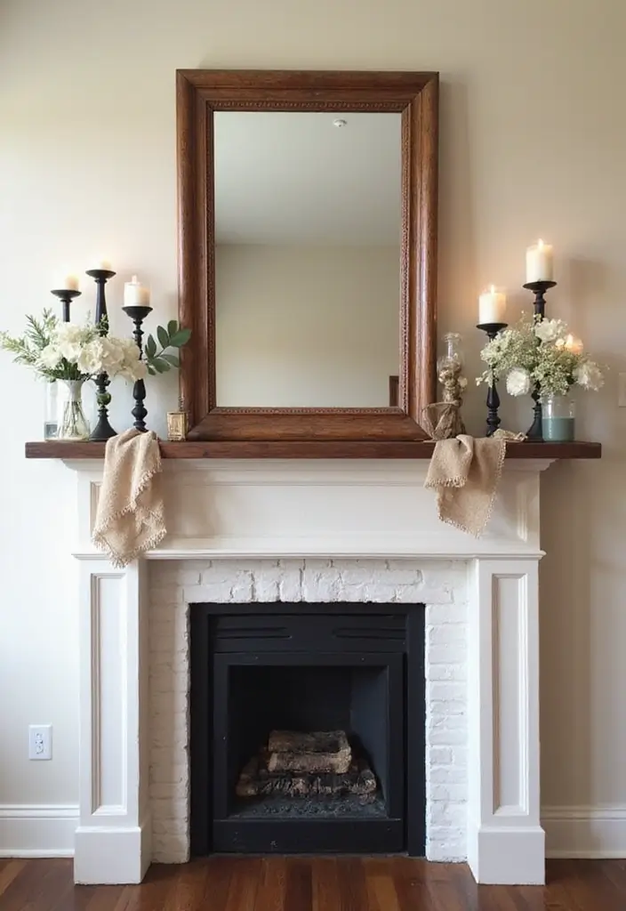 28 Creative Fireplace Mantle Decor with Mirror and Candles for Cozy Living Spaces 13 28 Creative Fireplace Mantle Decor with Mirror and Candles for Cozy Living Spaces - 13. Rustic Elegance with Mirrors and Candles